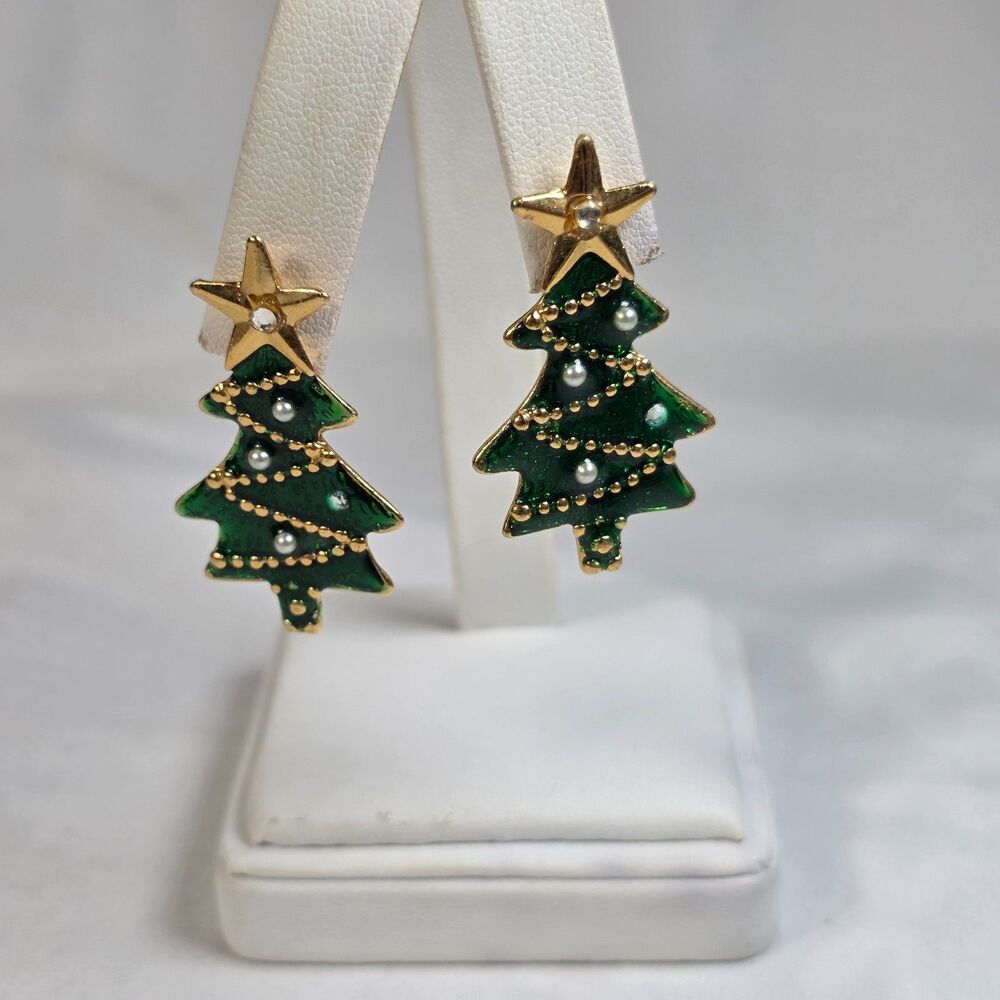 Vintage Gold and Green Enamel Christmas Tree Earrings with Pearls